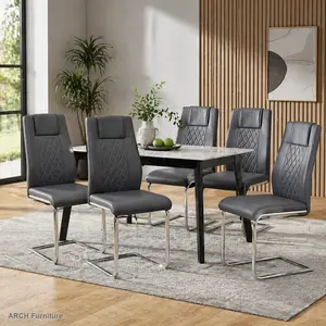 Modern Faux Leather Padded Upholstered Dining Chairs - Set of 6, Grey PU, Metal Legs, Padded Seats, Easy Setup, Model C-001, Ideal for Kitchen, Dining Room