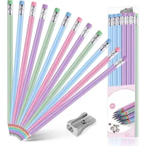 12PCS Eco-friendly Wood & Plastic Free Recycled Rainbow Paper Pencils #2 HB Pencils Number 2 Pencils Erasers Toppers with Pencil Sharpener, Macaron Colored Pencils for School and Office Supplies