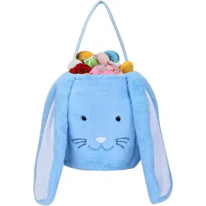 Plush Easter Bunny Basket for Kids Boys Girls Easter Buckets with Long Plush Ear Personalized Egg Hunting Tote Bags for Easter Decorations Candy