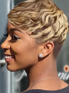 6 Inches Human Hair Wig, Blonde Highlight, Short Pixie Cut with Bangs, Full Machine Wig for Women, Daily Wear, Straight Style