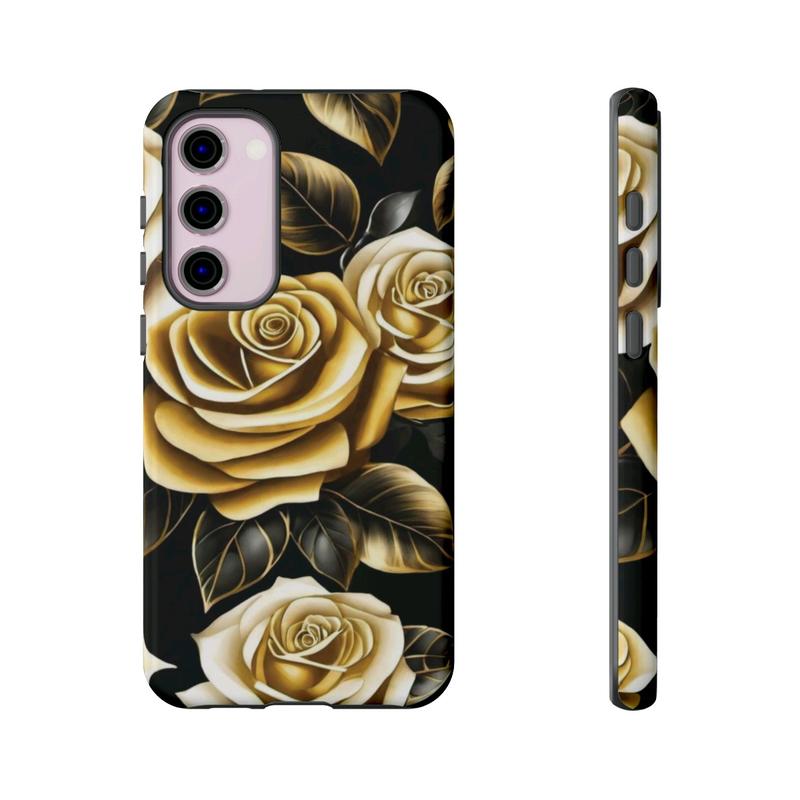 Elegant Black and Gold Roses Phone Case - Stylish Protection for Samsung Galaxy, iPhone, Google Pixel phones, Cellphone Accessories, Wireless Cover, Handheld Protective, iPhone Case, Samsung Galaxy Case, Google Pixel Case Shell Golden Shockproof Casing