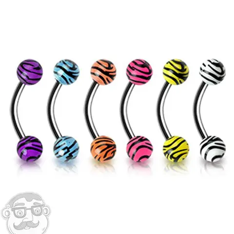 Urban Body Jewelry Piercing - 316L Steel Curved Barbell with 3mm x 3mm Acrylic Tiger Print, Short Length, Gauge Size for Gym, Outdoor Fitness, Weight Training