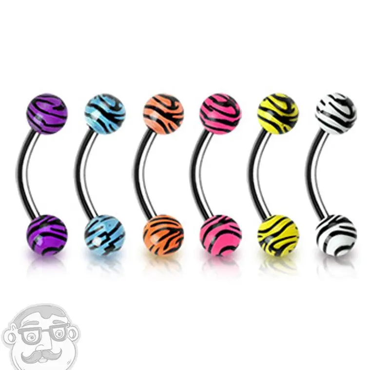 316L Stainless Steel Curved Barbell Piercing Jewelry - Urban Style, 3mm x 3mm Acrylic Tiger Print, Short Length, Gauge Size for Sports, Gym Training