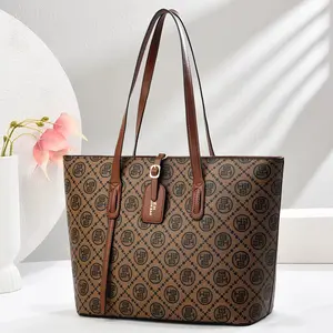2025 Women Hand Bags - Stylish Brown Tote with Elegant Monogram Pattern and Leather Handles