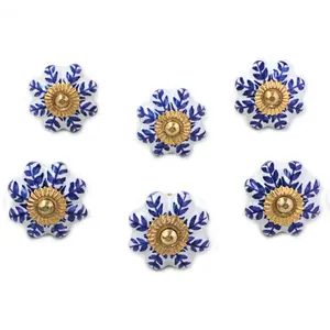 NOVICA Artisan Handmade Ceramic Cabinet Knobs Floral White Blue Set of 6 India Metal Decor Accessories Decorative Hardware Painted Garden Party Bohemian [ 3.1in H x 2in W x 1.2in D Screw Length 1.9in]