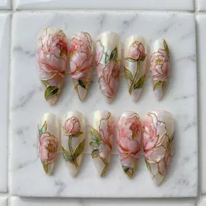 Chic Nail Studio Pearl Floral Luxury Press-On Nails, 3D Pink Flower Detail, Glossy Nude Base, Gold Stud Accent, Soft Elegant Design, Custom Press-On Nail, Summer Wedding Guest Nails, Vacation Travel Look
