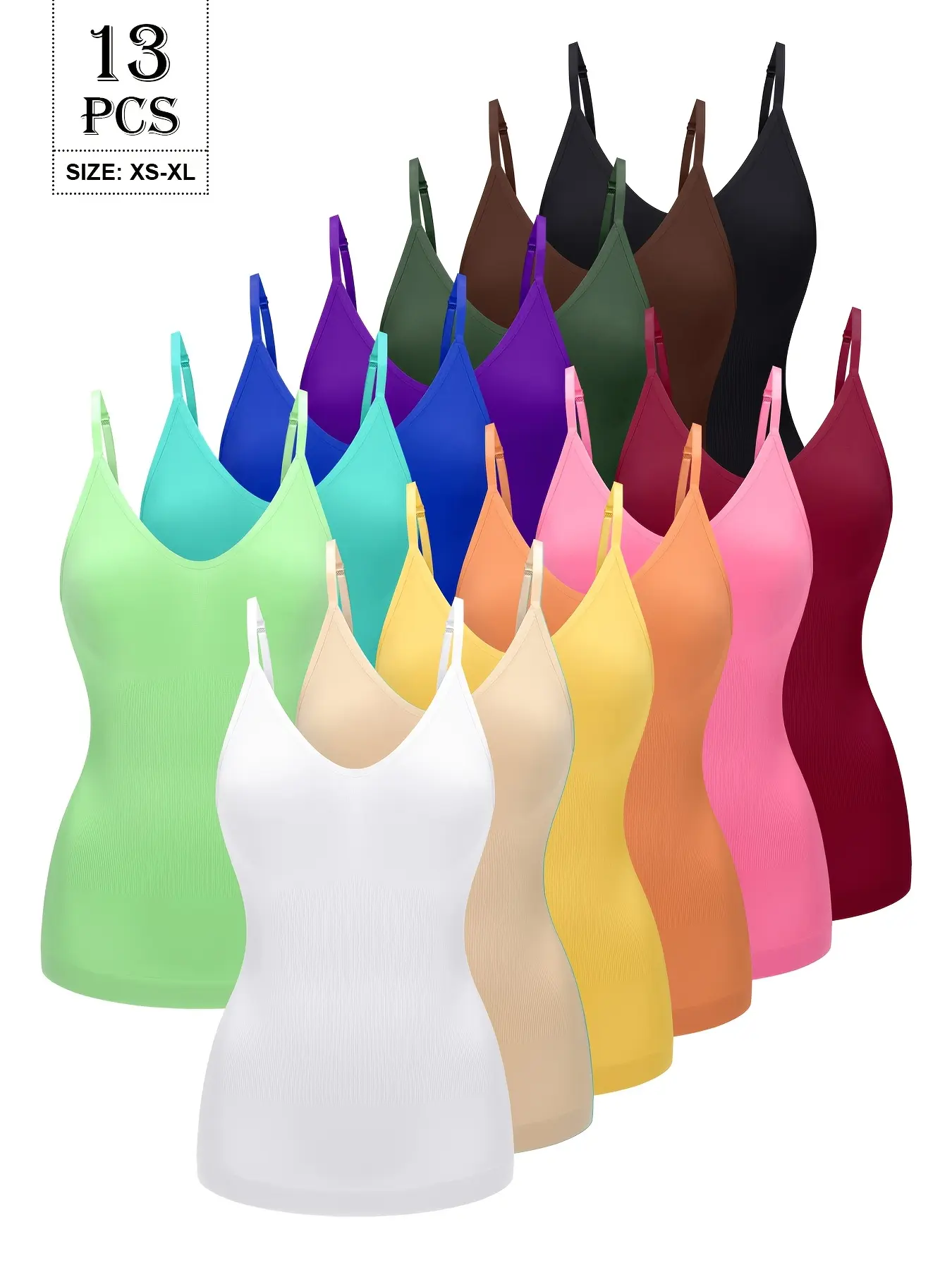 13 Pack Solid Seamless Adjustable Strap Solid Tank Tops for Women Tummy Control Shapewear Body Shaper Workout Multicolor Vest Camisole Cami Tops