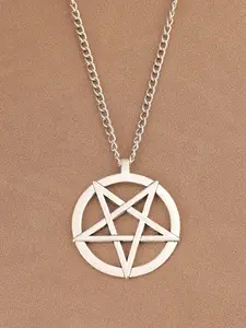 1pc Fashionable Gothic Witch Jewelry Silver Large Pentagram Pentacle Round Pendant Chain Necklace Geometric Chain Design 34 inches Long