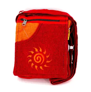 Unique designed Himalaya Cotton Sun Embroidered Red Colored Passport Crossbody Bag, Hippie Bag, Boho Bag, Eco-Friendly Crossbody Bag