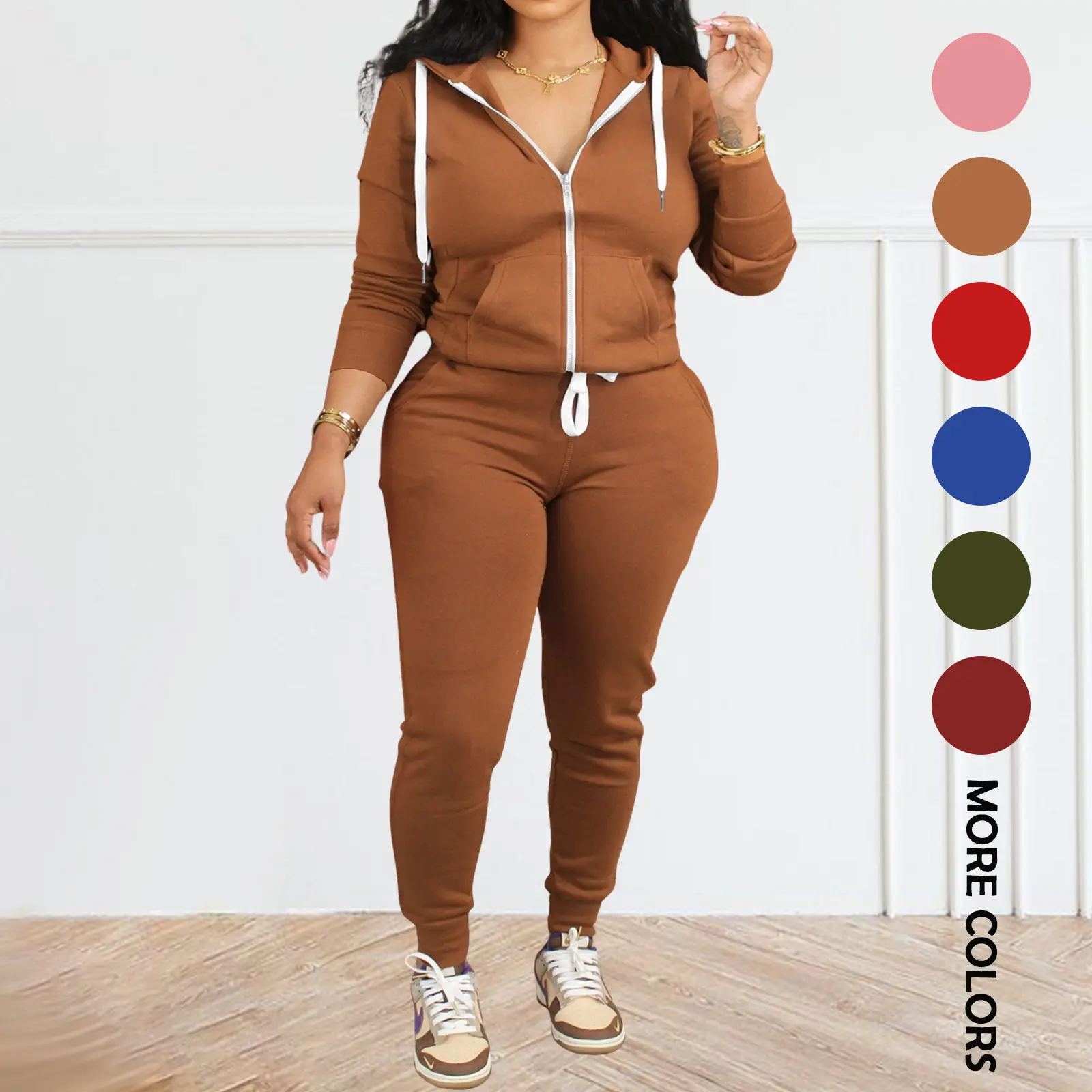 Women's Fall Winter 2-Piece Full-Zip Hooded Tracksuit, Polyester Sweat-Fabric Long-Sleeve Hoodie & Drawstring Jogger Pants with Front Pockets - Slim Fit Sporty Chic Women's Clothing for Home, Street Wear