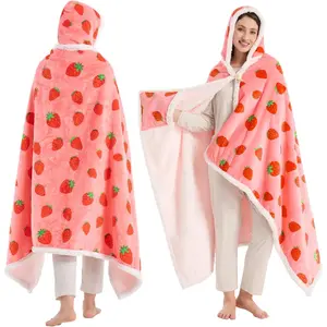 Strawberry Wearable Blanket Hoodie, Valentines Day Gifts for Her Wife, Day Birthday Anniversary Day Gift for Mom Sister, Flannel & Throw Blanket for Shawl Wraps Poncho Robe