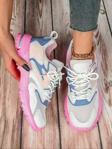 Women's Fashionable Colorblock Lace Up Low Top Sneakers, Casual Comfortable Breathable Sports Running Shoes, All-match Round Toe Chunky Sneakers for Daily Wear