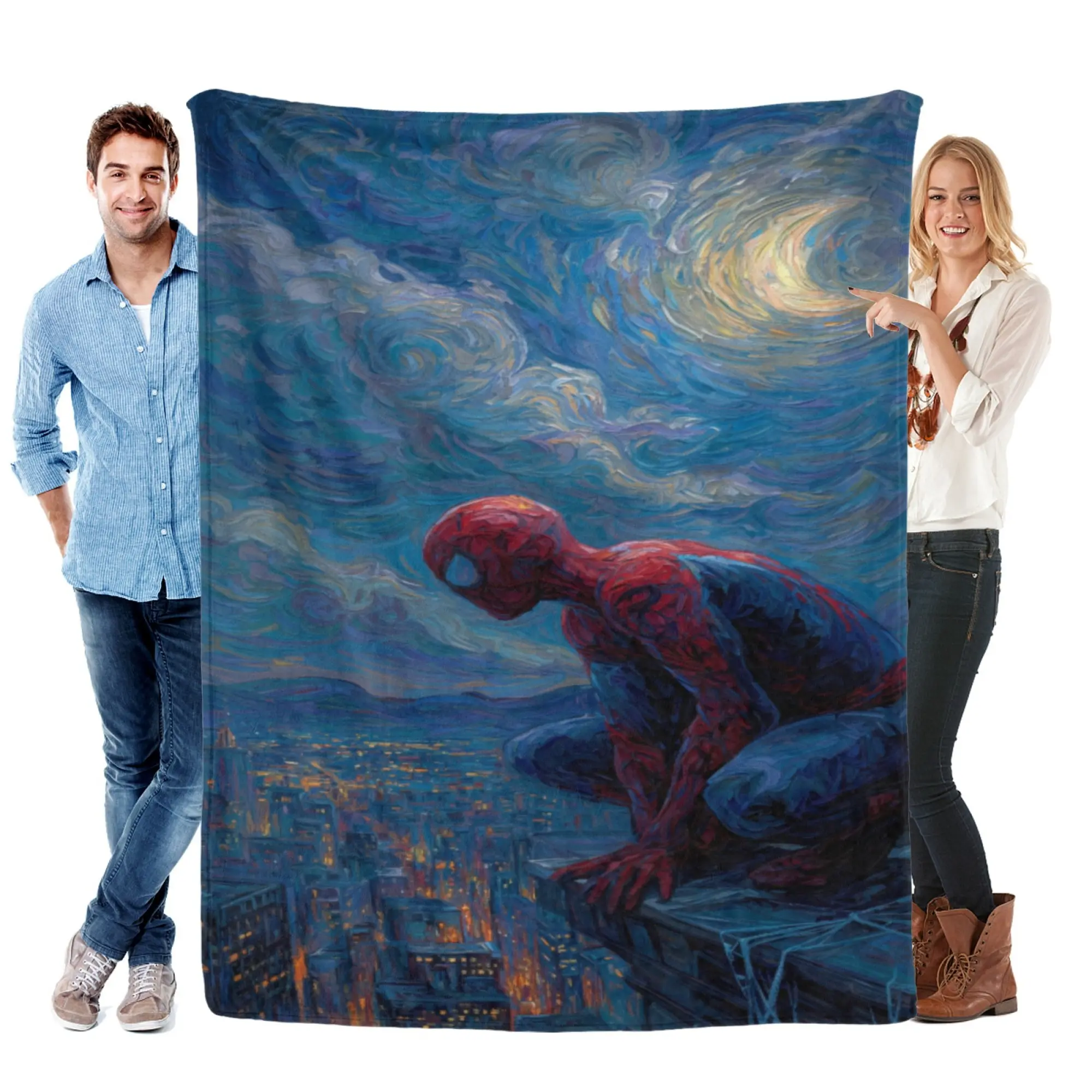 [SummerVibes] MARVEL Spider-Man Impressionist Starry City Flannel Blanket, Soft 2D Printed Aesthetic Throw for Home, Couch & Art Fans
