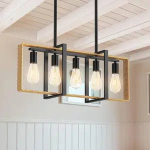 [HOT] Garvee Kitchen Island Lighting，5-Light Adjustable Dining Room Light Fixtures, Rattan Frame Pendant Ceiling Chandelier，Modern Pendant Lighting for Dining Room Kitchen Island Farmhouse