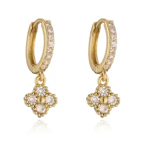 Copper inlaid with colored diamonds, lucky clover earrings, elegant ins-style floral earrings