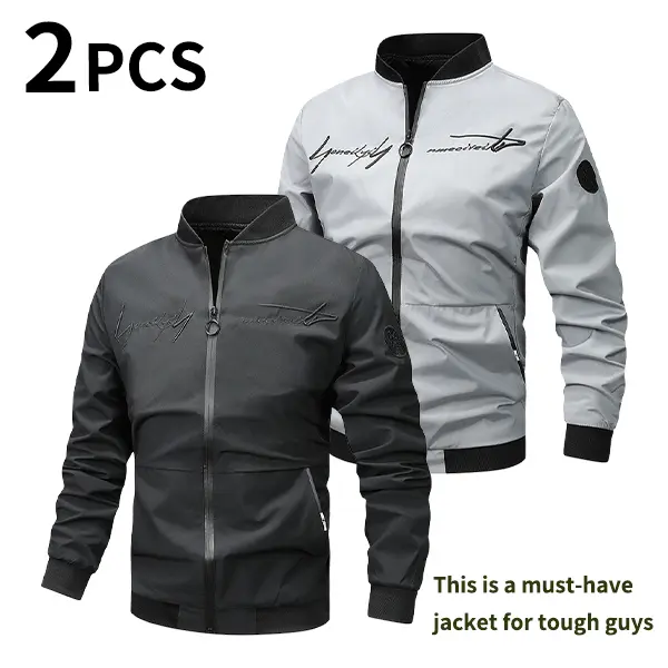 2PCS Men’s Pilot Jacket, Street Style Lightweight Windbreaker, Embroidered Zipper Pockets, Ribbed Cuff Casual Everyday Outerwear windproof