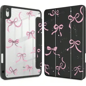 Bowknot IPad Case Compatible with (A16) 11th Generation Case 11 Inch 2025, 10th Gen Case 2022 10.9 Inch,12th 2026 11inch, Mini 4/5/6, Pro 12.9 Inch, Built-in Pencil Holder with Shockproof Cover, Clear Transparent Back Shell Auto Wake/Sleep,Pink/Black