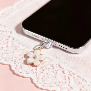 Cute Flower Phone Lanyard Dust Plug, French Girl Style Aesthetic Charging Port Protector, Dust Proof Phone Chain Accessory for iPhone/Type-C
