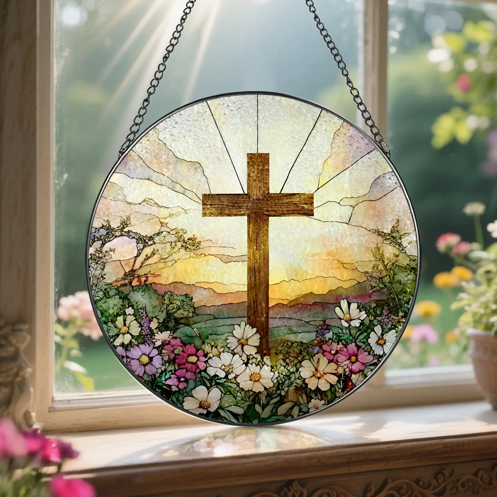 Cross Wildflowers Suncatcher, Christian Stained Glass Style Window Hanging, Floral Faith Home Decor Gift