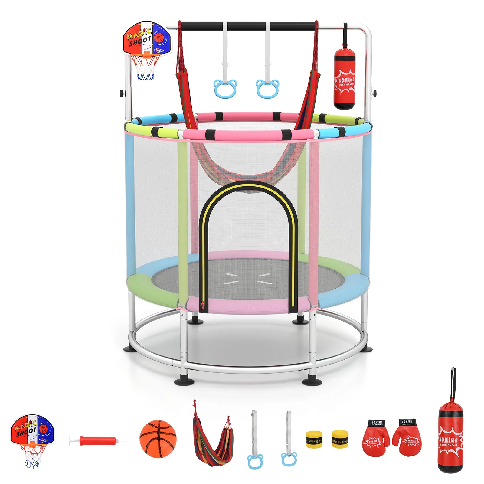 Costzon 55"/60" Trampoline for Toddlers, Kids Toys with No-Gap Jumping Mat, Safety Net, Zippered Door, Galvanized Steel Stable Leg Base, Easy-To-Assemble Indoor/Outdoor Toddler Toys Exercise Gift for Balance Improvement