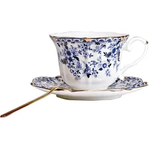 Floral Porcelain  Cup and Saucer Set with Spoon,  Trim, 6.4 oz  Set of 1, Blue   & Espresso & Coffee Cups (1,  Flower)