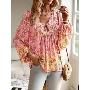 Women’s Boho chic long-sleeve V-neck blouse with tie detail, casual resort wear, floral print, polyester fabric, woven fitted design, drawstring collar