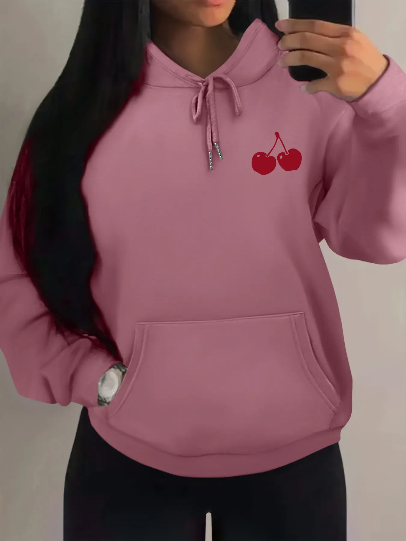 Cherry pattern print Hoodie, Long Sleeve, Kangaroo Pocket, Drawstring Comfort, Casual Streetwear, Unisex Fitted Hooded Sweatshirt for All Seasons, Everyday