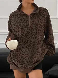 Women Casual Zip Up Front Long Sleeve Leopard Print Sweatshirt Hoodie Polyester Tops Womenswear Fabric Pullover
