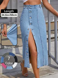 OBlue Jeans Women's  Button Front Light Wash Denim Split Hem Skirt, Casual Fashion Fitted Skirt for Daily Wear, Ladies Bottoms for All Seasons