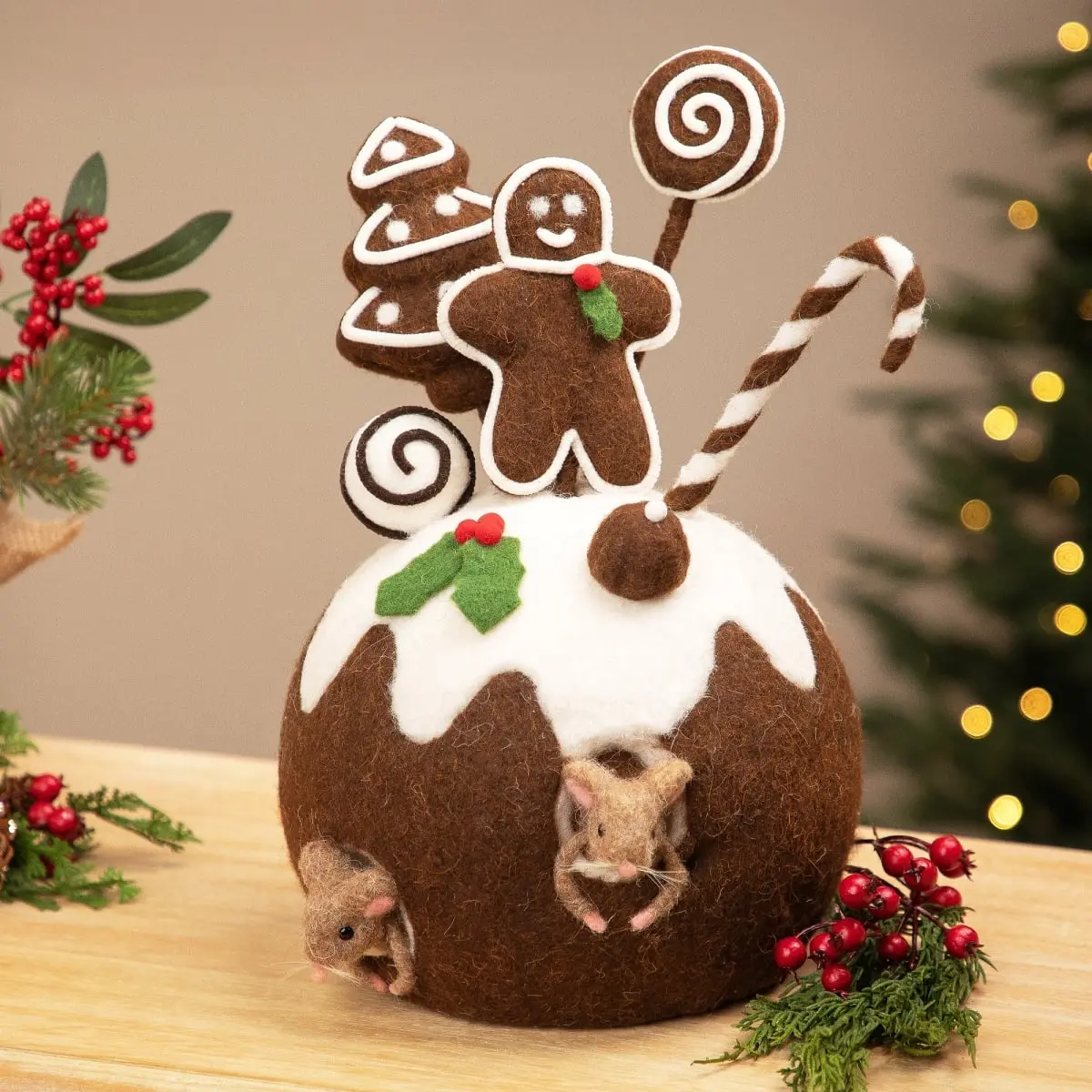 13 in. Brown & White 360 Stand Gingerbread Cake & Mice Christmas Decorations, with Tree & Holly Accents