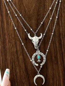 Western Cowboy Necklace Set, Vintage Style Necklace, Boho Style Necklace with Bull Head & Horseshoe & Flower & Cactus Pendant, Fashion Jewelry Accessories for Women & Men