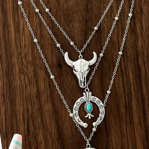 Western Cowboy Necklace Set, Vintage Style Necklace with Bull Head & Horseshoe & Flower & Cactus Pendant, Fashion Jewelry Accessories for Women & Men, Necklace Gift