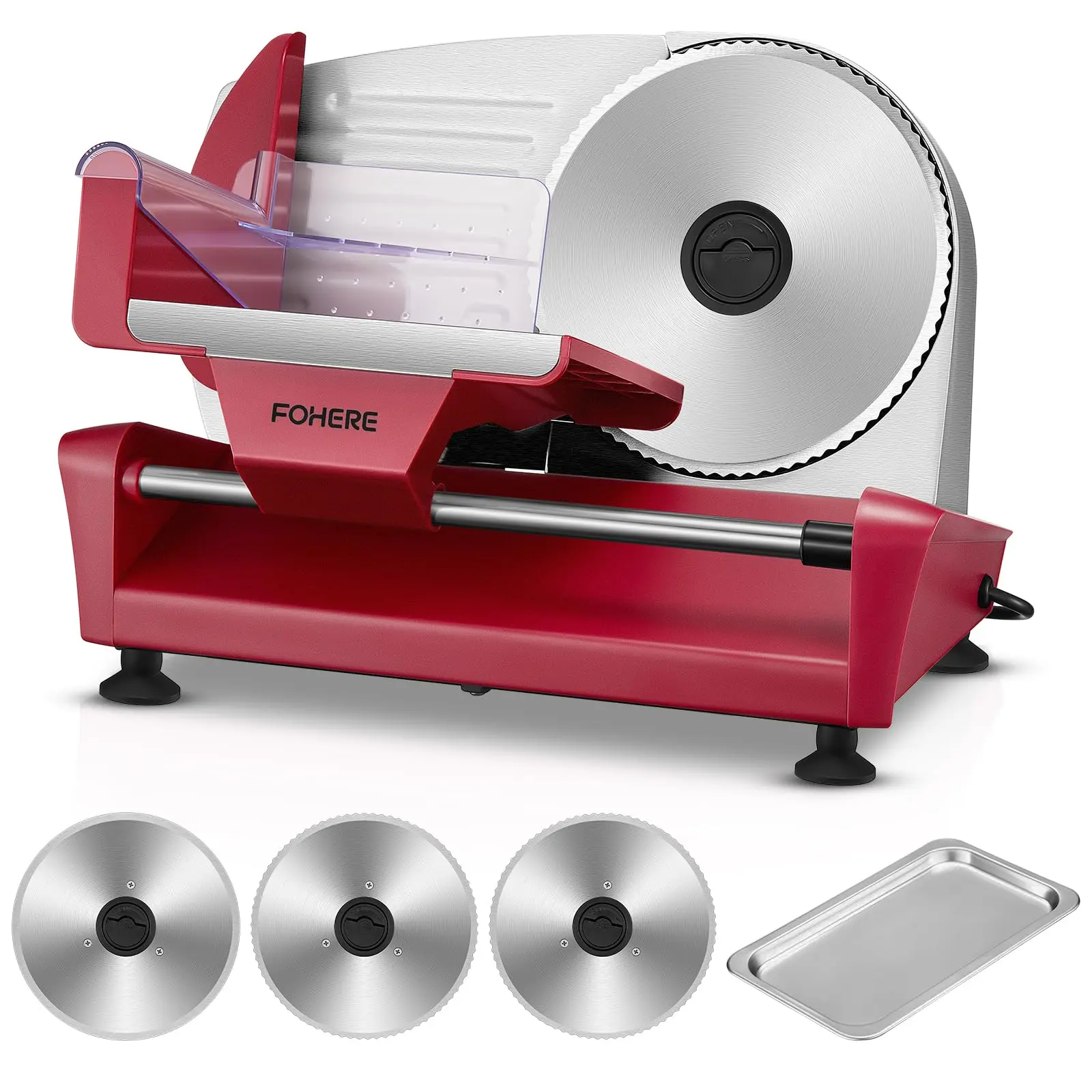 FOHERE 250W Motor Electric Deli Slicer, 7.5" Stainless Steel Blade, 0-15mm Adjustable Thickness, 15.7x9.8 in, for Meat, Bread, Red Household Specialty Kitchen Appliance
