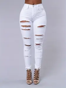 Ripped High Stretch Distressed Slim Fit Denim Jeans - Zipper Button Closure, Solid Color, Comfortable and Fashionable - Womens Denim Pants & Clothing for Casual Daily Wear