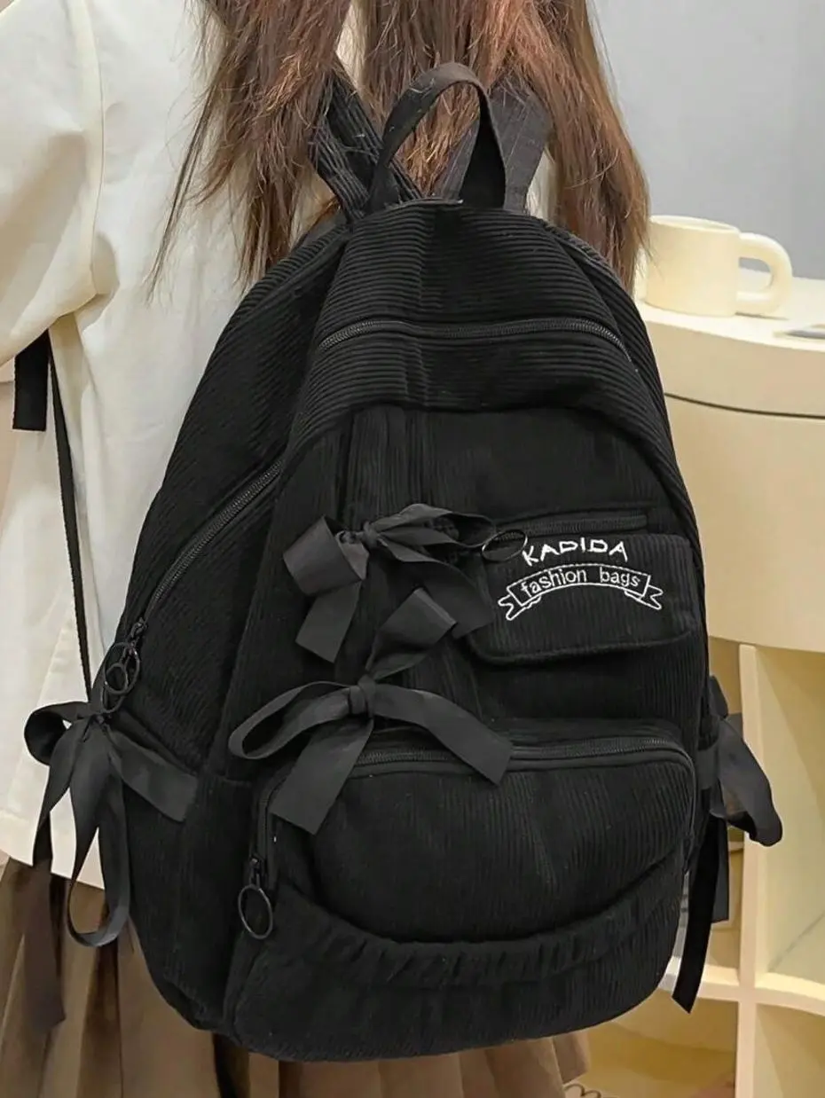 Minimalist Corduroy Bow Backpack, Large Capacity School Bookbag for Women & Teens, Cute Travel Backpack for College, Shopping, Work, Casual, Back to School
