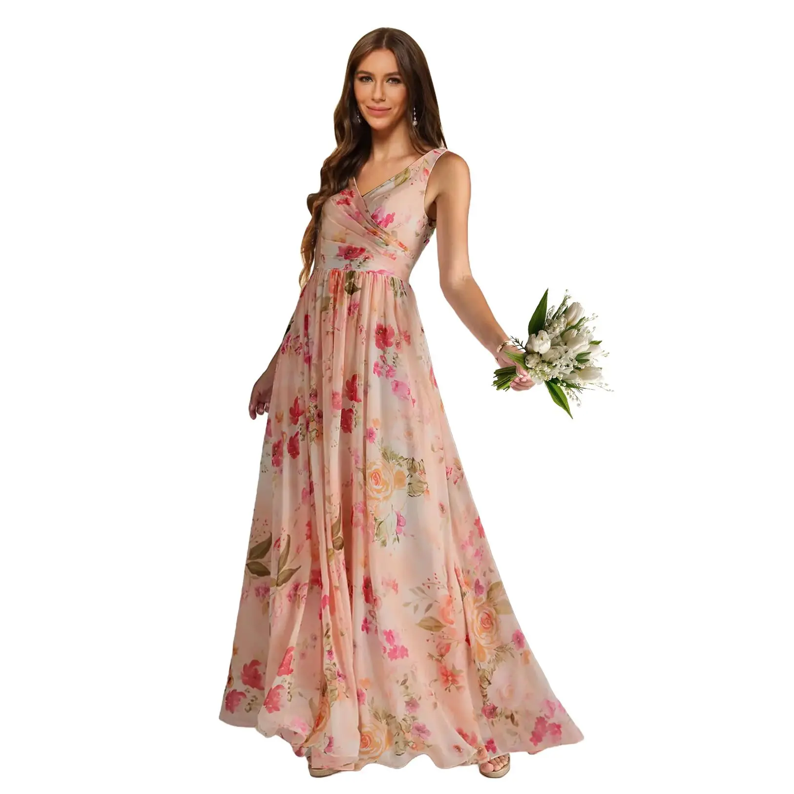 Chiffon Print Bridesmaid Dresses for Wedding Flowy Pleated Formal Dress for Women,Normal Type,Lace up Back,with Pockets, Ladies Clothes  for All Seasons