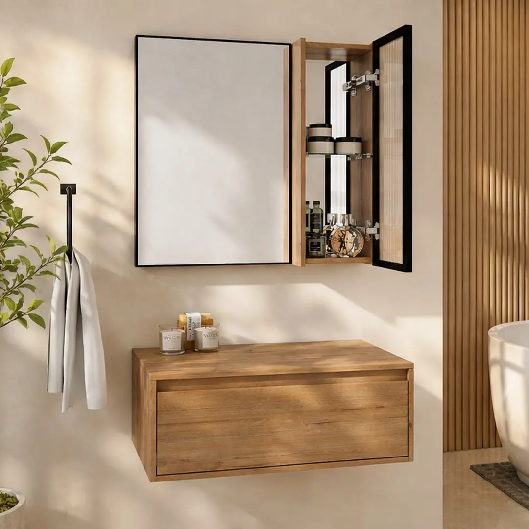 ARCH 30-in Wall Mounted Wooden-Coated Dressing Table with Mirror, Cabinet, Black Aluminum Frame, Acrylic Door, Glass-Plywood Build, Space-Saving Vanity for Bedroom, Indoor Furniture Tables & Desks, Wooden-Coated Dressing Tables