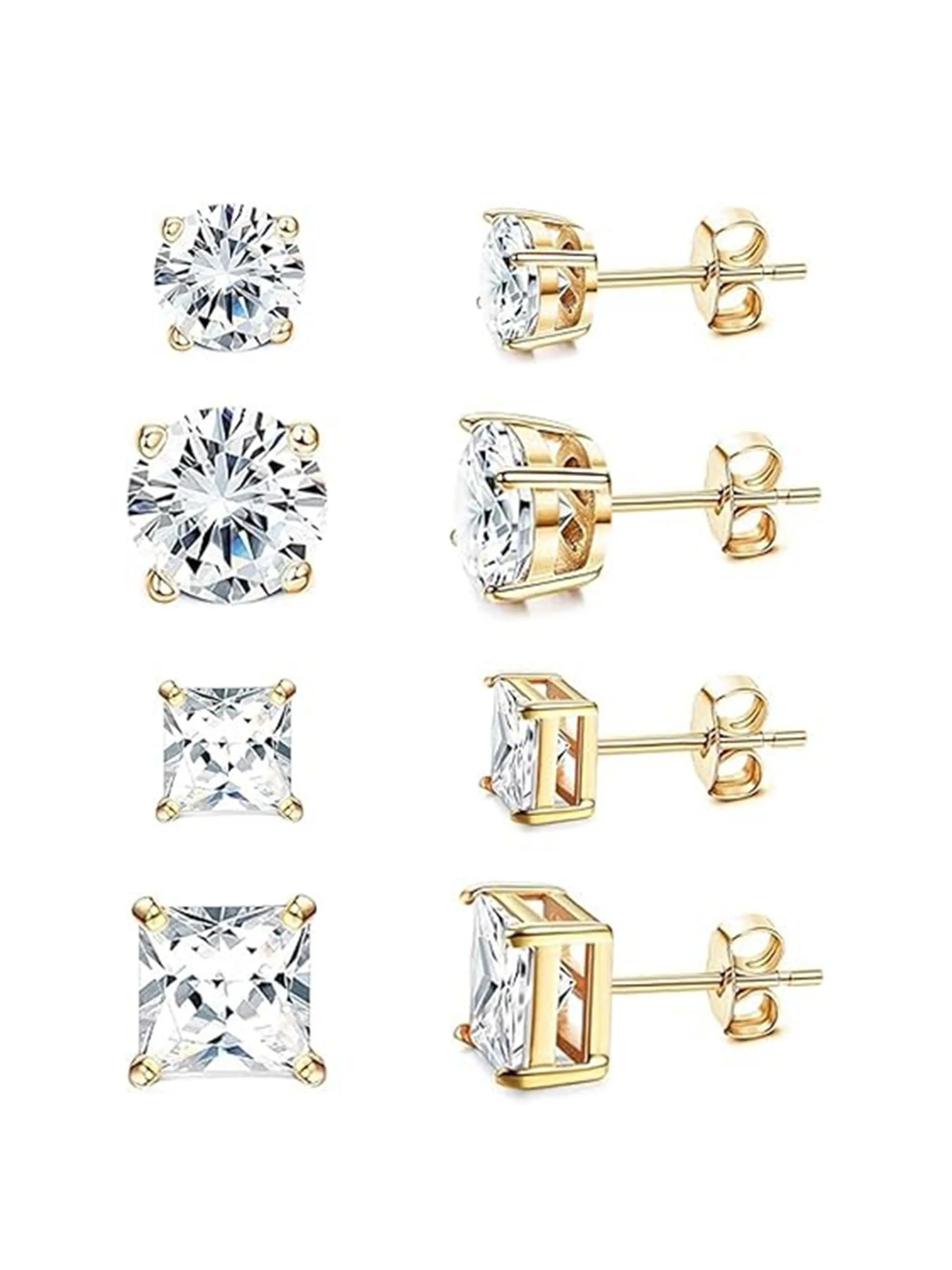 Stud Earrings for Women Men Square & Round AAAAA+ Cubic Zirconia Earring Studs Earrings 18K Gold Plated Hypoallergenic 316L Surgical Stainless Steel CZ Earrings 3-6mm 4 Pairs High Quality Earrings Stud Earring Jewelry