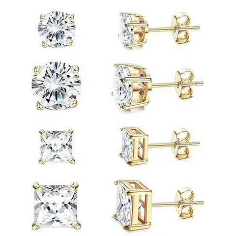Stud Earrings for Women Men Square & Round AAAAA+ Cubic Zirconia Earring Studs Earrings 18K Gold Plated Hypoallergenic 316L Surgical Stainless Steel CZ Earrings 3-6mm 4 Pairs High Quality Earrings Stud Earring Jewelry
