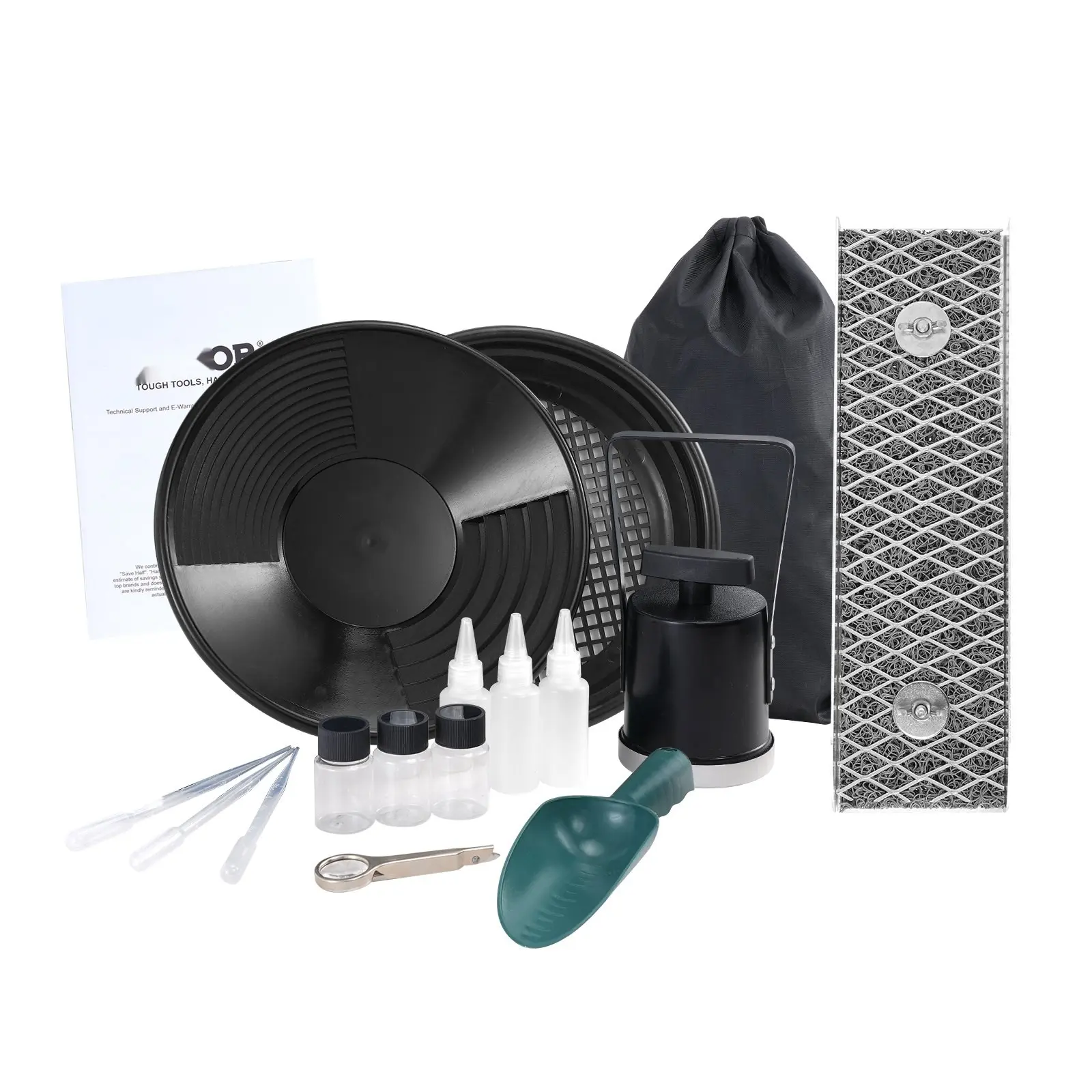 Mini Sluice Box Gold Panning Kit, 12-Inch Aluminum Alloy Gold Mining Equipment Set, 16-Piece Gold Prospecting Kit with Gold Pan, Separating Magnet, Classifier Screen, Drawstring Backpack, and More