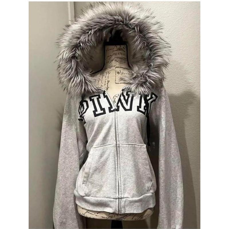 Grunge Fur Hood Zip Up Hoodie Women Teen Girls Y2k Emo Goth 2000s Sweatshirts Cute Fall Winter Crop Coats