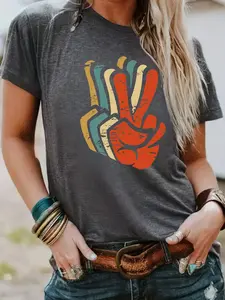 Women's Summer Casual Fashion Vintage Colorblock Print Round Neck Short Sleeve T-Shirt, Comfortable Breathable Fit S-Xxl