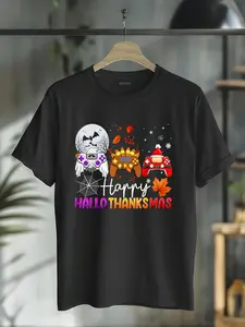 100% Cotton Unisex Happy Hallothanksmas Game Controller Gamer Hallothanksmas T-Shirt Vingate Printed Casual Round Neck T shirt