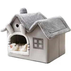 Luxury Double Roof Indoor  House  Nest,Foldable Warm Soft Kennel,30D High Elastic Memory Sponge,Removable Cushion and Non-Slip Bottom (Grey Double Roof, S)