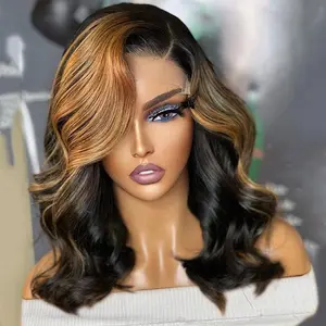 Blonde Highlight Short Lace Front Wigs Blonde Highlight Human Hair Natural Wave Pre Plucked with Baby Hair 1B/30 Body Wave Bob Wig 180 Density Human Hair 13x4 Short Body Wave Highlight Lace Front Bob Wig For Women