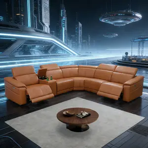 Light Brown Top Breathable Leather 6-Piece Recliner Sofa Set, Comfortable Living Room Furniture, Modern Durable Home Couch