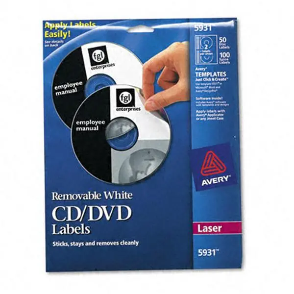 Avery Paper CD/DVD Removable Labels, Laser Printer Compatible, White Matte, Print Edge Design, 50-Pack