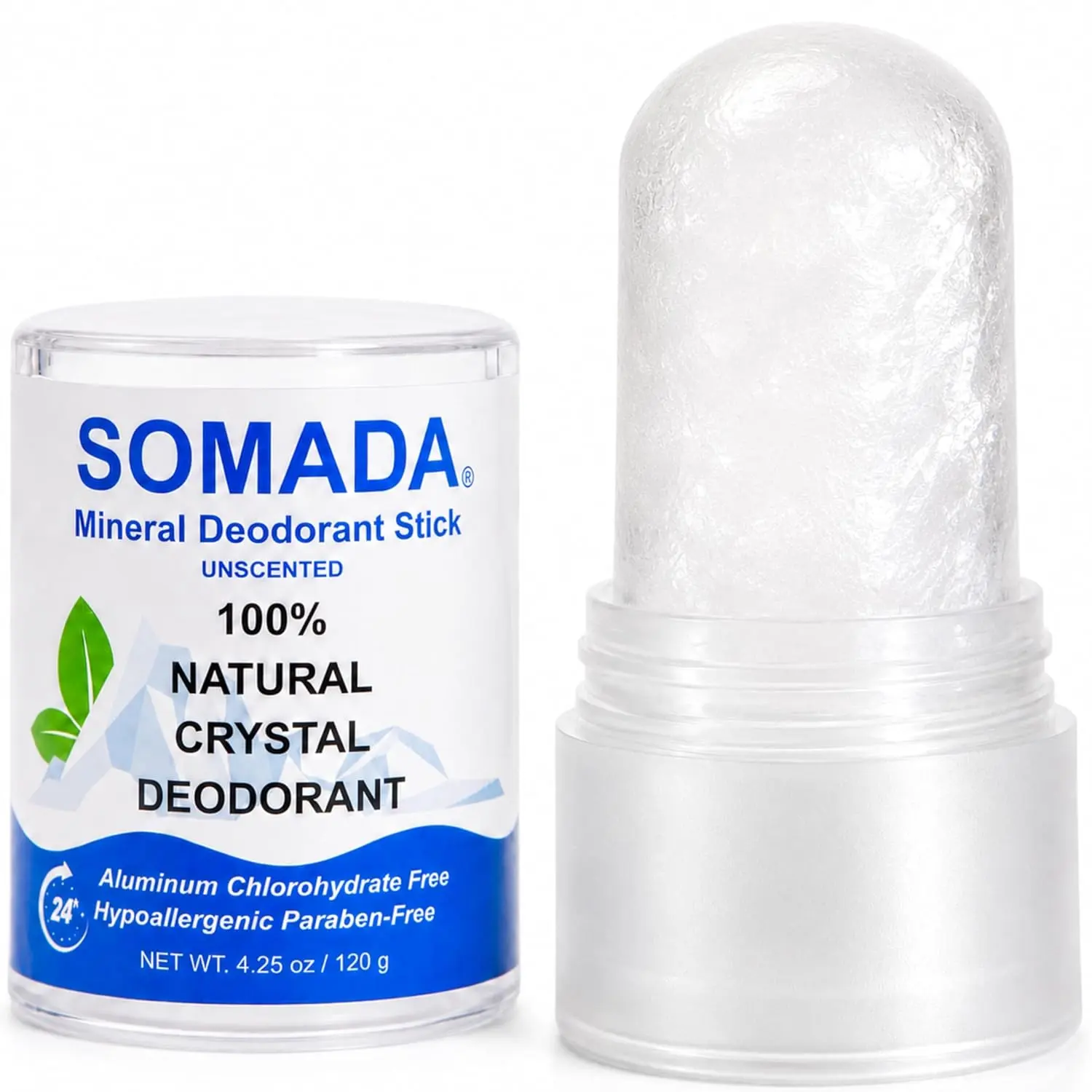 SOMADA Crystal Deodorant Stick - Piedra de Alumbre - Alum Stone, 4.25oz | 100% natural mineral salt stone, unscented, aluminum-free. Neutralizes odor naturally, no white marks or residue.