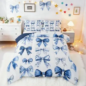 Kids Blue Bow Comforter Set,Princess Bow Tie Girls Bedding Set,Ultra Soft Butterfly Knot Duvet Insert Fairy Tale Girlish Modern Fashion Comforter Room Decor Bowknot Quilt