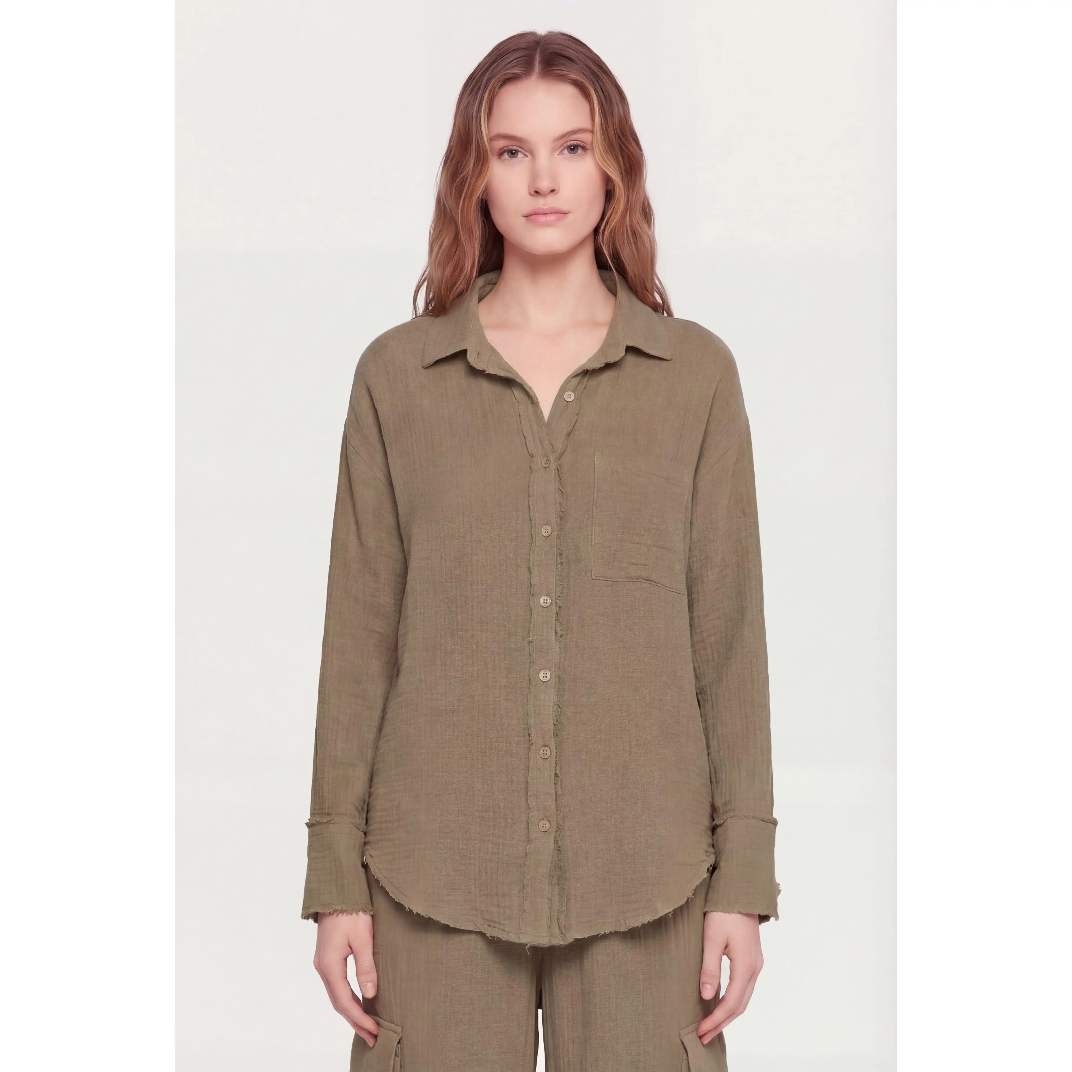 Gauze Knit Long Sleeve Shirt with Raw Hem